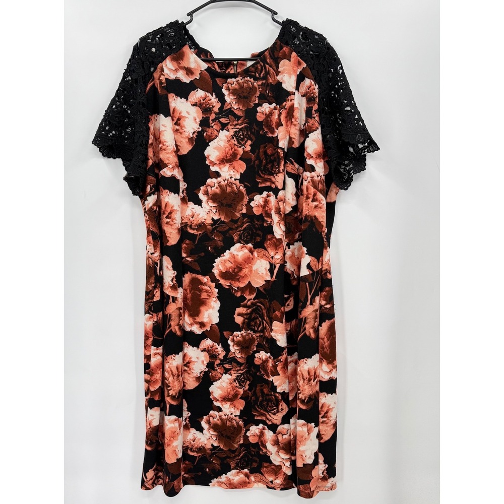 ANTHOLOGY Floral Black Lace Sleeve Round‎ Neck Short Sleeve Dress Plus Size 22